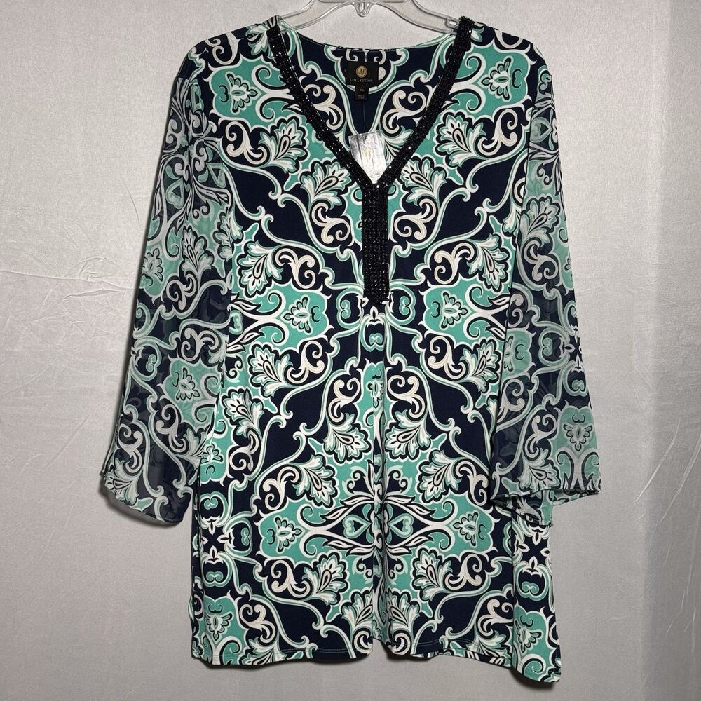 JM Collection XXL NWT Tunic Top Navy Aqua Scroll Print Beaded Neck 3/4 Sleeve
